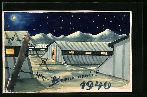 Handzeichnung Kriegsneujahr 1940, Sternenhimmel über Barackenlager