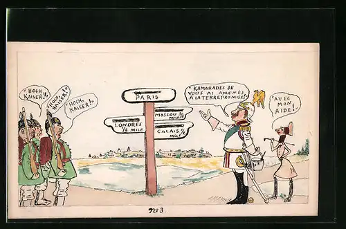 Handzeichnung Deutsche Soldaten treffen französischen General