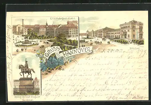 Lithographie Hannover, Ernst-August-Platz, König Ernst August Denkmal, Bahnhof