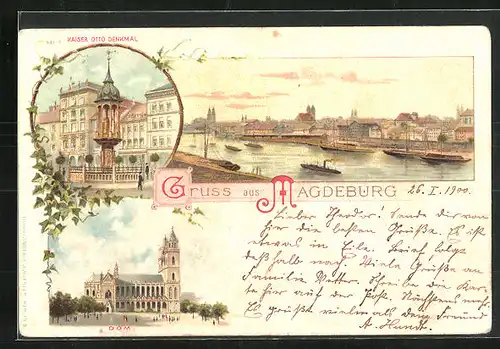 Lithographie Magdeburg, Kaiser Otto Denkmal, Dom, Hafenpartie