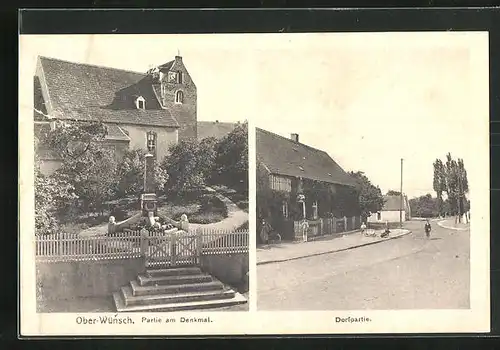 AK Ober-Wünsch, Partie am Denkmal, Dorfpartie