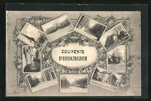 AK Euskirchen, Kirche, Bahnhof mit Kriegerdenkmal, Strassenpartie