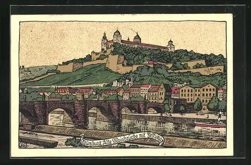 Steindruck-AK Würzburg, Alte Mainbrücke mit Festung