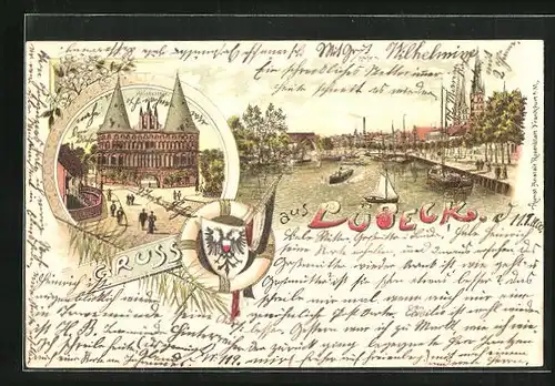 Lithographie Lübeck, Holstenthor, Hafenpartie, Wappen