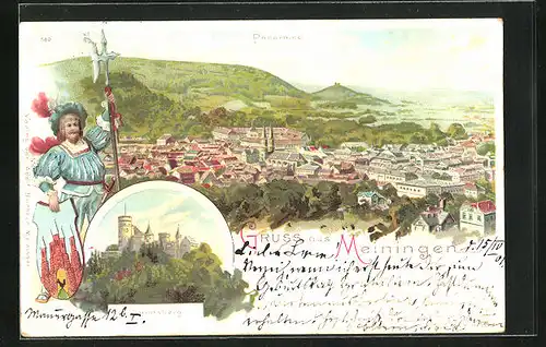 Lithographie Meiningen, Landesberg, Panorama der Stadt