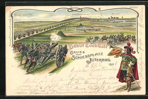 Lithographie Jüterbog, Schiessplatz aus der Vogelschau, altes und neues Barackenlager