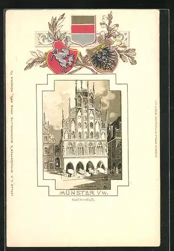 Passepartout-Lithographie Münster i. W., Rathaus, Wappen