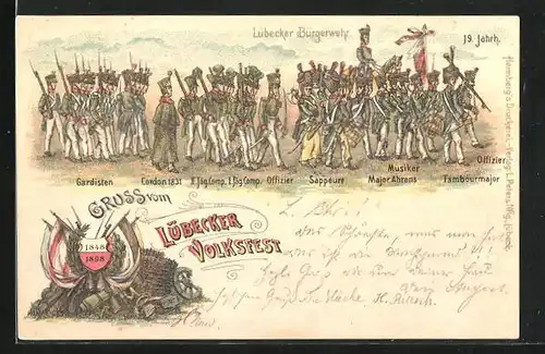 Lithographie Lübeck, Volksfest 1898, Lübecker Bürgerwehr 19. Jahrhundert, Sappeure, Musiker, Tambourmajor