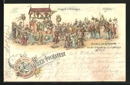 Lithographie Lübeck, Volksfest 1898, Gruppe II des Festzuges, Heimkehr der Ratsherrn