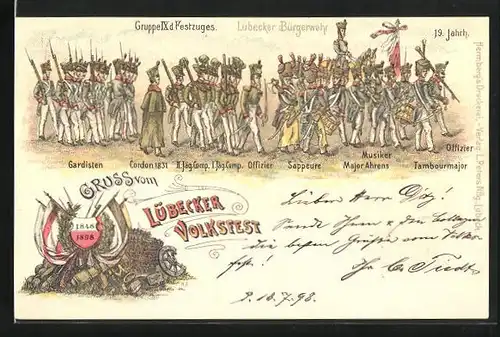 Lithographie Lübeck, Volksfest 1898, Gruppe IX des Festzuges, Gardisten, Jäger, Musiker