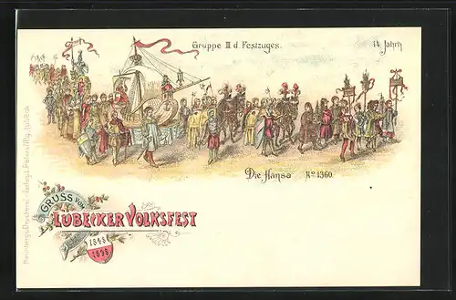 Lithographie Lübeck, Volksfest 1898, Gruppe III des Festzuges, Die Hansa anno 1360