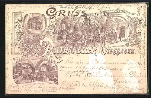 Vorläufer-Lithographie Wiesbaden, 1893, Gasthaus Rathskeller, Innenansichten