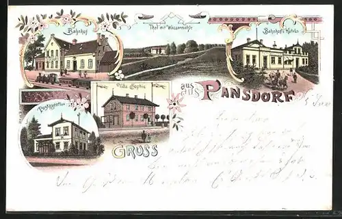 Lithographie Pansdorf, Bahnhofs-Hotel, Villa Sophie, Postagentur