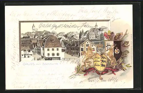 Passepartout-Lithographie Backnang, Blick auf Häuser, Wappen
