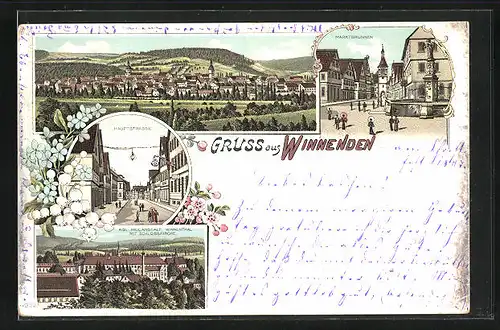 Lithographie Winnenden, Hauptstrasse, Marktbrunnen, Kgl. Heilanstalt mit Schlosskirche