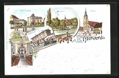 Lithographie Elsterwerda, Bahnhof, Innenansicht der Kirche, Seminar, Denkmalsplatz