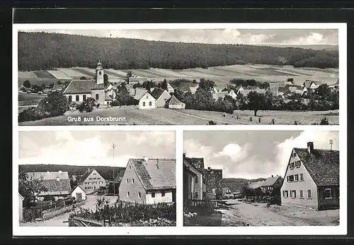 AK Dorsbrunn, Strassenpartien im Ort, Teilansicht mit Kirche