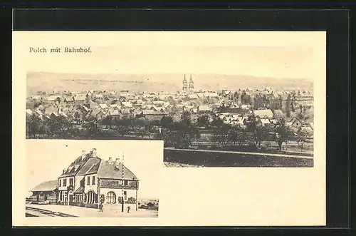 AK Polch, Bahnhof mit Bahnsteig, Totalansicht vom Ort