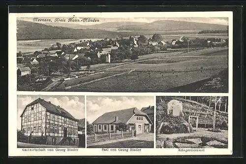 AK Meensen, Gasthaus von Georg Binder, Kriegerdenkmal