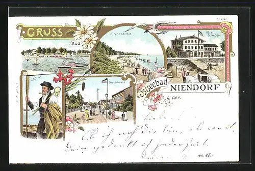 Lithographie Niendorf, Hotel Belvedere, Strandstrasse, Fischer