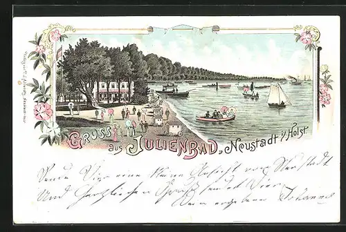 Lithographie Neustadt i. Holst., Gasthaus Julienbad am Wasser