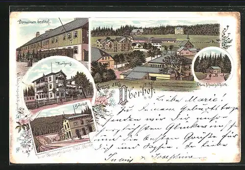 Lithographie Oberhof, Domainen-Gasthof, Kurhaus, Bahnhof