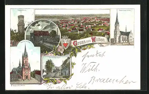 Lithographie Witten, Helenenthurm, Marien-Kirche, Panorama