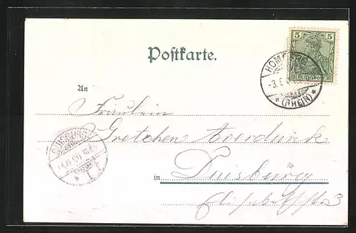 Lithographie Homberg / Rhein, Hotel Bellevue, Rheindampfer