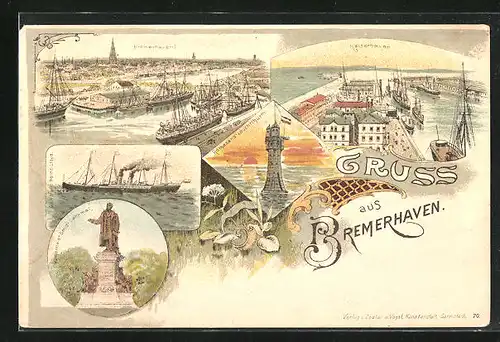 Lithographie Bremerhaven, Kaiserhaven, Rothesand-Leuchtthurm, Bürgermeister Smidr-Denkmal