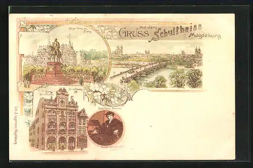 Lithographie Magdeburg, Gasthaus zum Schultheiss, Breiteweg 19, Kaiser Wilhelms-Platz