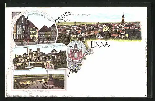 Lithographie Unna, Gradirwerke Königsborn, Badehaus, Marktplatz