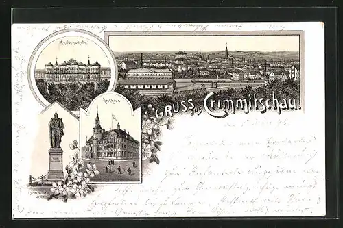 Lithographie Crimmitschau, Knabenschule, Rathaus, Totalansicht