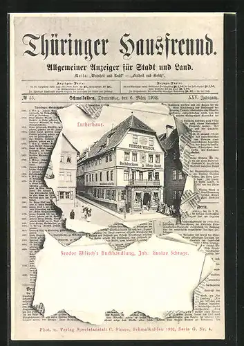 Zeitungs-AK Schmalkalden, Feodor Wilisch`s Buchhandlung, Lutherhaus, Thüringer Hausfreund