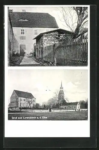 AK Lorenzkirch /Elbe, Gebäudeansicht, Panorama mit Kirche