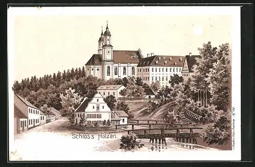 Mondschein-Lithographie Allmannshofen, Kloster - Schloss Holzen