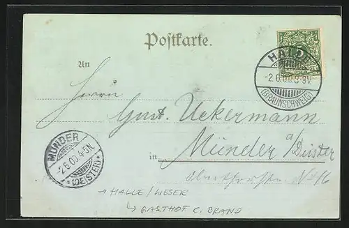 Mondschein-Lithographie Halle / Weser, Gasthof C. Brand, Kaiserl. Postamt, Kirche