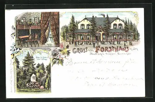 Lithographie Neumünster, Gasthaus Forsthaus, Geerdts Denkmal