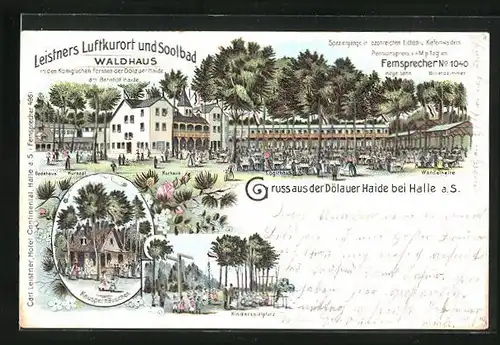 Lithographie Halle a. S., Hotel Restaurant Waldhaus, Leistner Luftkurort und Soolbad, Knusperhäuschen