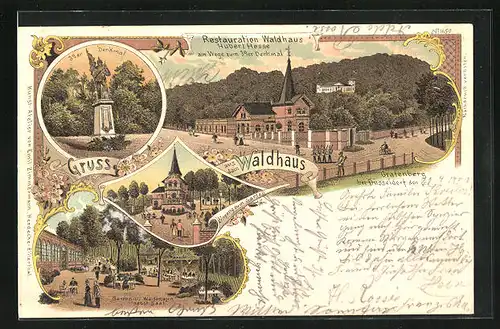 Lithographie Grafenberg bei Düsseldorf, Restaurant Waldhaus, 39er Denkmal, Garten- und Waldanlagen