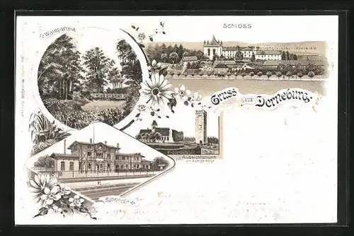 Lithographie Derneburg, Bahnhof, Waldparthie, Schloss