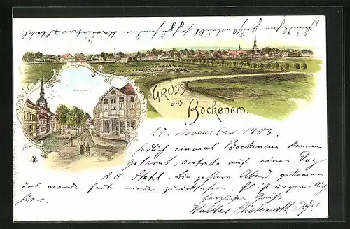 Lithographie Bockenem, Totalansicht, Marktplatz
