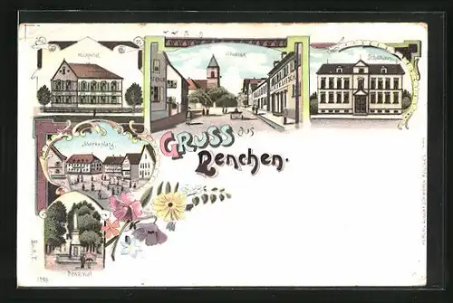 Lithographie Renchen, Hospital, Schulhaus, Marktplatz