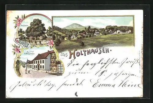 Foto-AK Holthausen, Gasthof G. Sengstmann, Totalansicht, Dorflinde