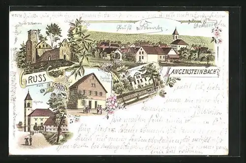 Lithographie Langensteinbach, Ruine St. Barbara, Forsthaus, Kirche