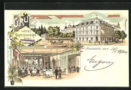 Lithographie Augsburg, Hotel Bayerischer Hof, Sommergarten