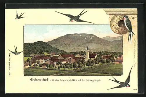 Lithographie Niederaudorf, Totale mit Kloster Reisach, Kaisergebirge