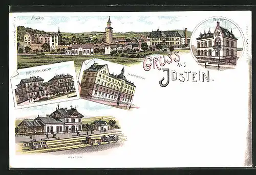 Lithographie Idstein, Schloss, Erziehungs-Anstalt, Bahnhof, Postamt