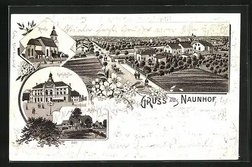 Lithographie Naunhof, Gasthaus Rathskeller, Totalansicht, Mühle