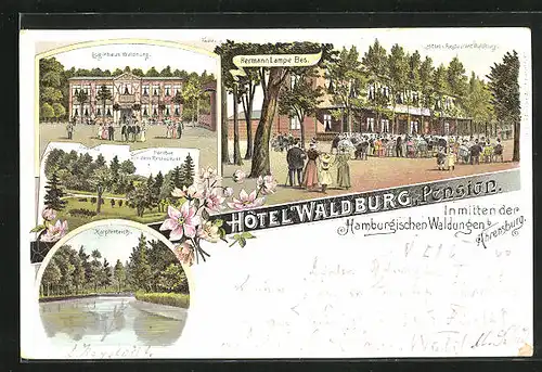 Lithographie Ahrensburg bei Hamburg, Hotel und Restaurant Waldburg, Karpfenteich