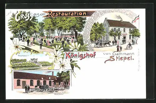 Lithographie Stiepel, Restaurant Königshof, Hochbassin, Fabrik Landwirtschaftlicher Maschinen Gathmann